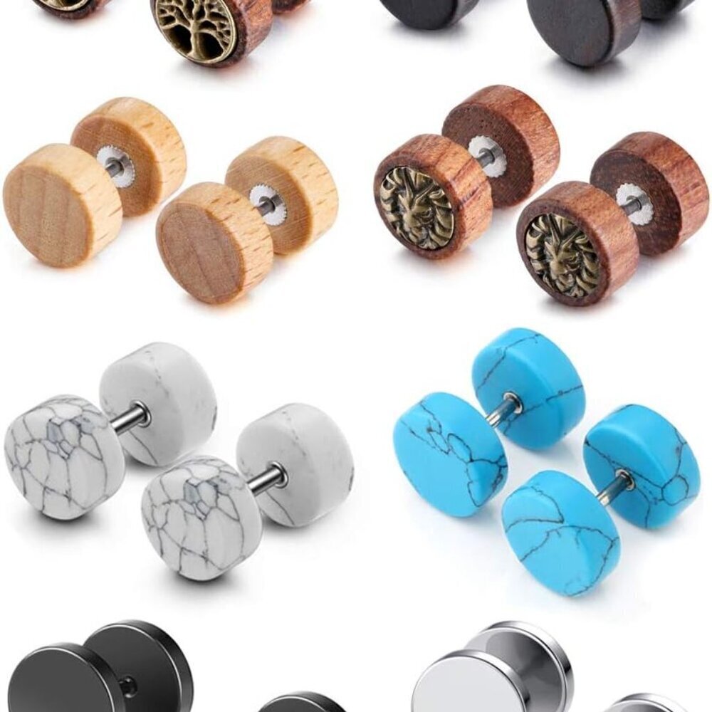 8 Pairs Fake Ear Gauges Set Stainless Steel Wood Turquoise 16G/18G for Men Women
